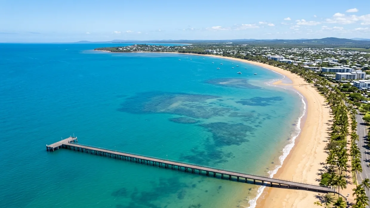 Aerial view of the Hervey Bay coastline, jetty and turquoise water.