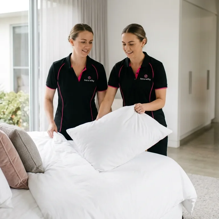 Two Wifeys arranging pillows on a freshly made bed with white linen.