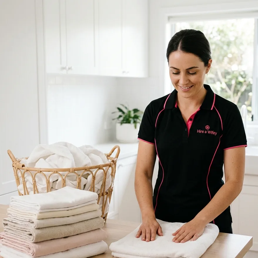 A Wifey folding fresh white laundry beside a cane basket.