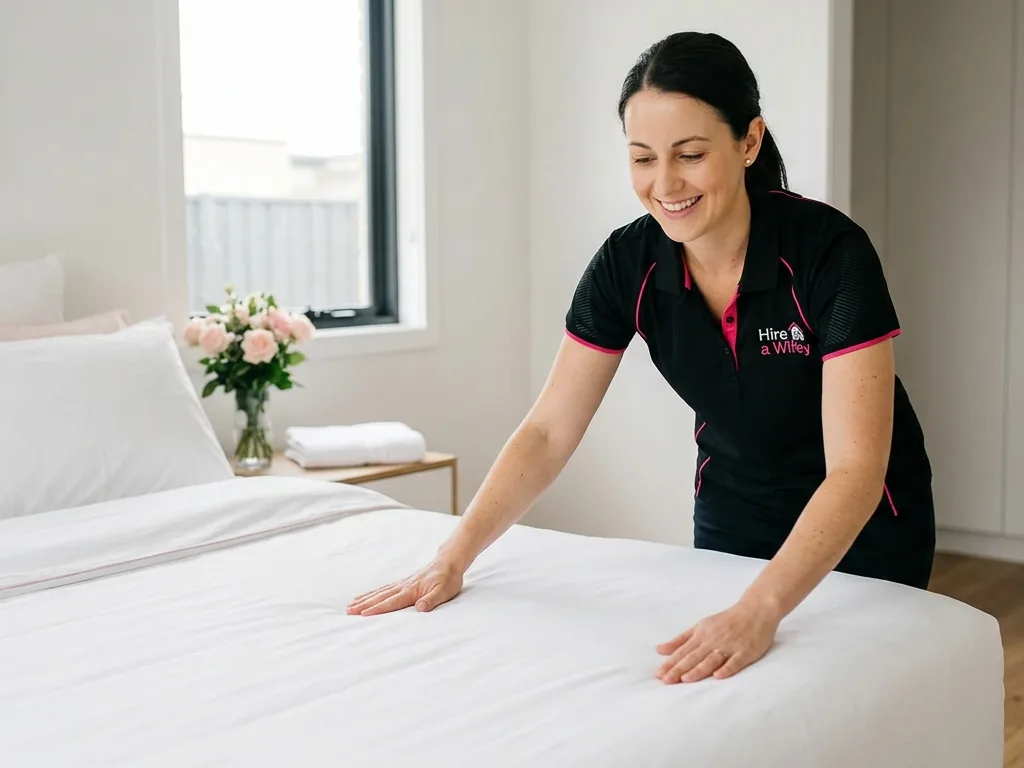 A Wifey smoothing crisp white sheets while making a bed.